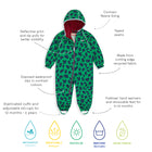 EcoSplash Waterproof Fleece Lined Puddle Suit Green. Green waterproof suit with leaf pattern and features, laid flat.